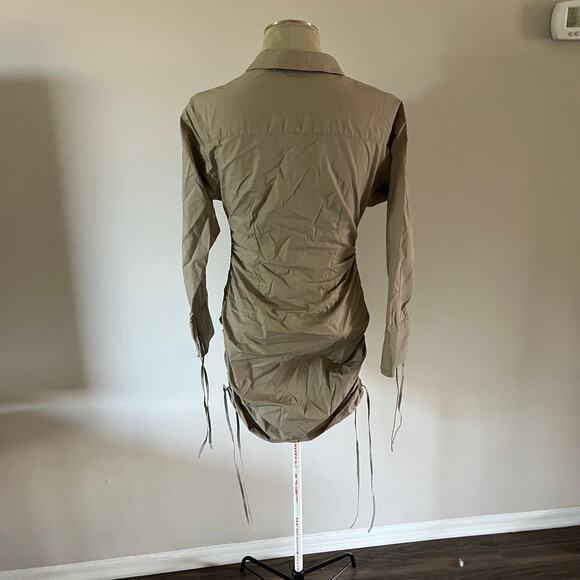 L Academie Beige Tan Mini Shirt Dress Ruched Skirt Tie Sleeves Sz S - Picture 5 of 8